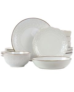 Elama Countess 16 Piece Embossed Double Bowl Stoneware Dinnerware Set in Ivory